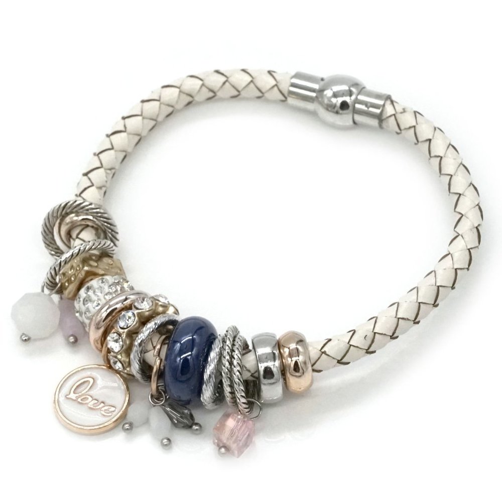 Bracelet, Euro Beads, White Leather with Magnetic Clasp.